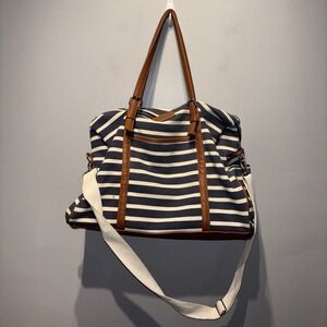 Navy Stripe Weekend/Carry On Travel Bag Canvas Nautical Beachy Adjustable Straps